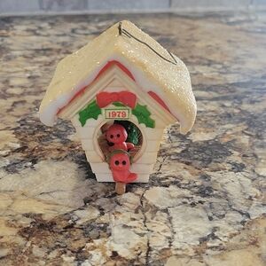 Vintage Holiday Birdhouse Ornament with Red Accents